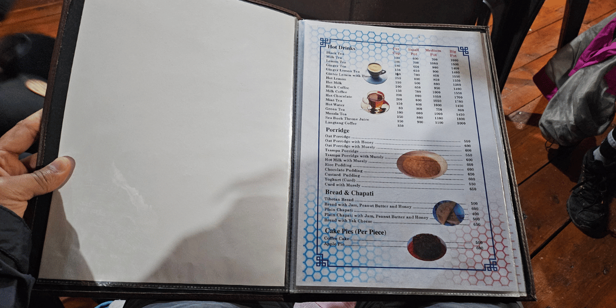 Drinks Menu on Langtang Trek