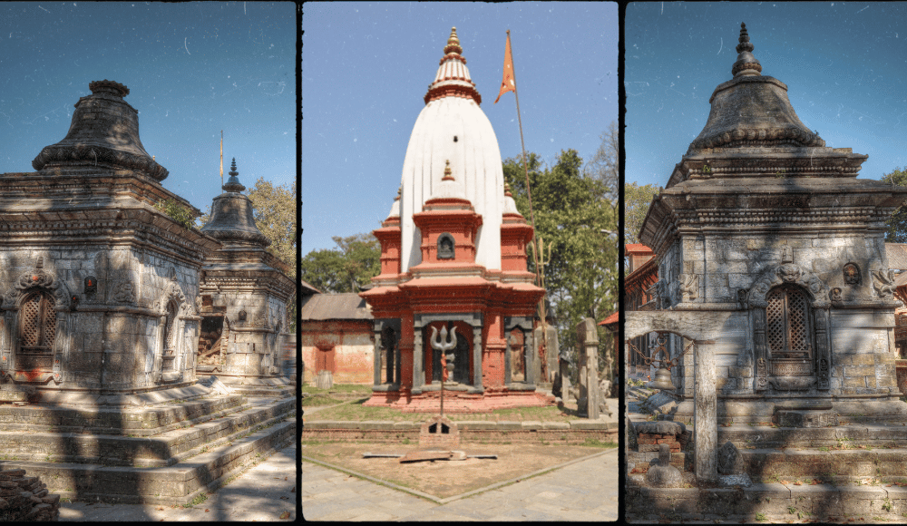 Goraknath Temple in the middle and stone samadhis of Aghori Sadhus